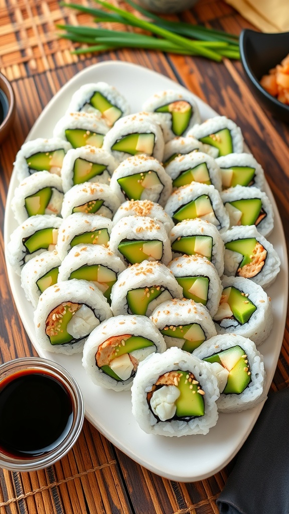 A platter of California Rolls with avocado, crab, and cucumber, garnished with sesame seeds, served with soy sauce and wasabi.